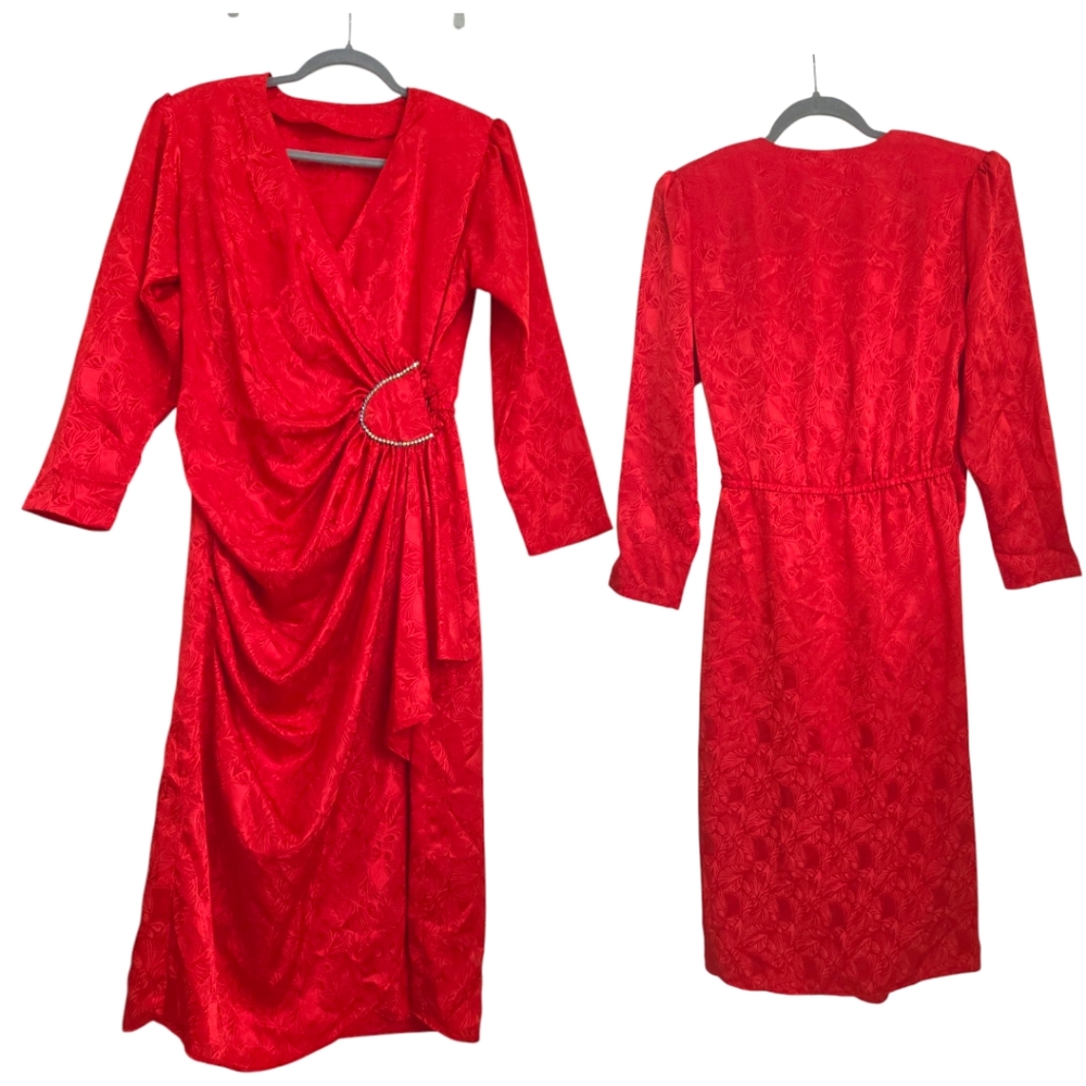 Vintage Elegant Red Floral Jaquard Satin Draped Bellow The Knee Wrap Dress Sz M